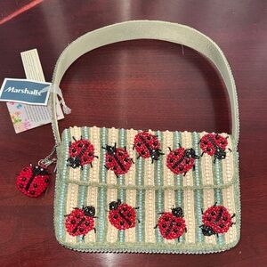 Beaded Ladybug Shoulder Bag - Red, Cream, Green